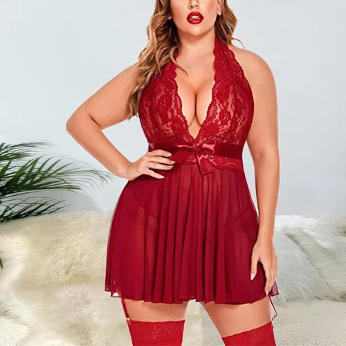 Vista 7 de Lencería de encaje para mujer, talla grande, con tirantes de peluche, cuello en V, ropa de dormir