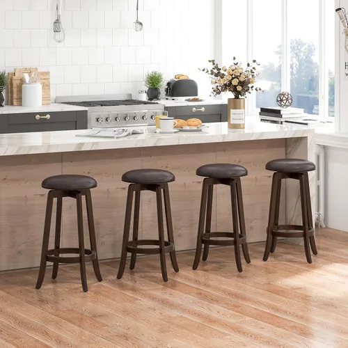 Vista 9 de COSTWAY Juego de 2 taburetes de bar giratorios de 29 pulgadas, taburetes de bar tapizados con asiento de piel sintética y patas de madera de goma