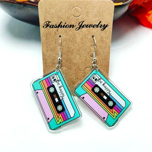 Vista 6 de Aretes de cinta retro de moda para fiesta de los años 80, para mujer, punk, retro, cassette, aplastamiento, colorido, colgante, fiesta, club