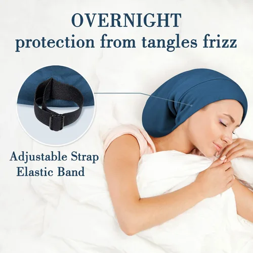 Vista 4 de LULUSILK Gorro de seda de morera 100% para dormir con coletero Azul Bijou