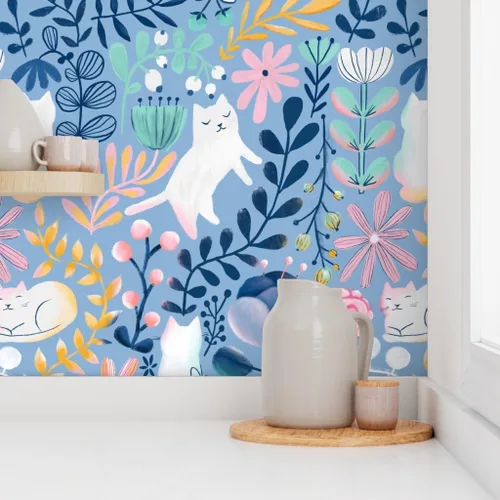 Vista 8 de Spoonflower Papel tapiz para despegar y pegar, papel tapiz extraíble personalizado de gatos de primavera con diseño de gatos florales
