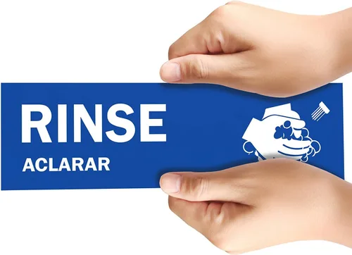 Vista 3 de Etiquetas para fregadero de lavar, enjuagar y desinfectar – 2.75 x 9 pulgadas – También incluye letrero de lavado a mano únicamente – Señales