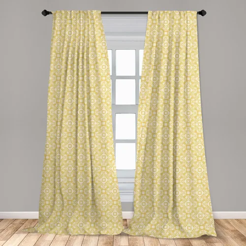 Vista 3 de Lunarable Yellow and White Window Curtains, Rococo Blooms Damask Motifs with Moroccan Effects Work of Art Print, Lightweight Decor 2-Panel Set with