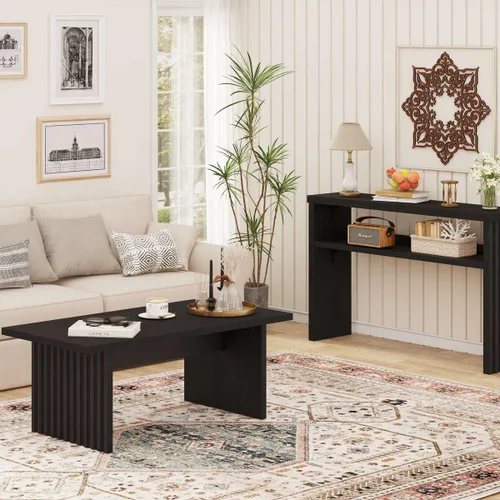 Vista 7 de BON AUGURE - Mesa auxiliar negra, mesas de centro modernas de 43 pulgadas para sala de estar, mesa central de madera, mesas de sala de estar