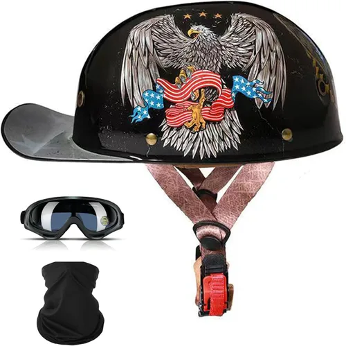 Vista 17 de Cascos para motocicleta de adultos, casco de béisbol de motocicleta, aprobado por DOT para hombres y mujeres con visera, casco de media cáscara