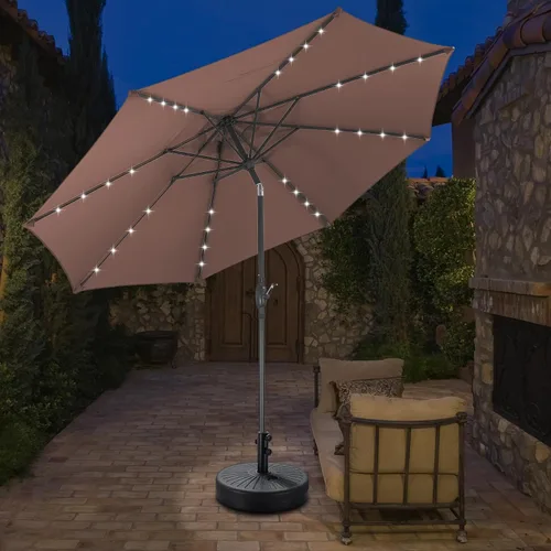 Vista 15 de Sombrilla solar de patio de 10 pies con base, 32 luces LED, sombrilla de mercado al aire libre con botón de inclinación y grietas para jardín Azul