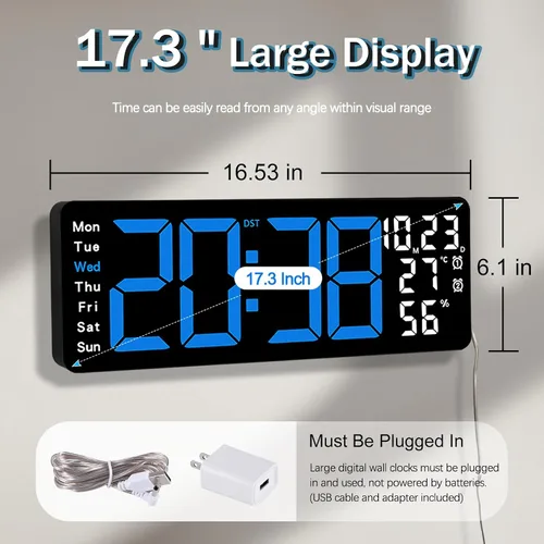 Vista 2 de JoFomp Reloj de pared digital grande de 17.3 pulgadas, reloj digital LED con control remoto, reloj despertador