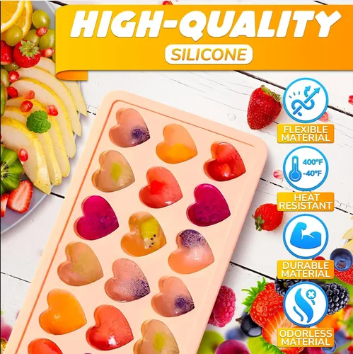 Vista 4 de Bandeja para cubitos de hielo con tapa – Molde de silicona de 24 cavidades para forma de corazón y dulces – Moldes flexibles, resistentes al calor e