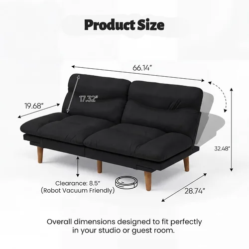 Vista 2 de Flamaker Sofá cama futón ajustable de 66 pulgadas con reposabrazos y respaldo ajustables, moderno sofá futón convertible para espacios pequeños Negro
