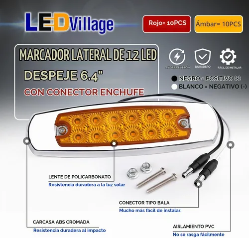 Vista 2 de Paquete de 20 (10 ámbar + 10 rojo) Luces LED de marcador lateral de 12 V con enchufe de 2 cables (CC), 12 luces LED para guardabarros, montaje en 10