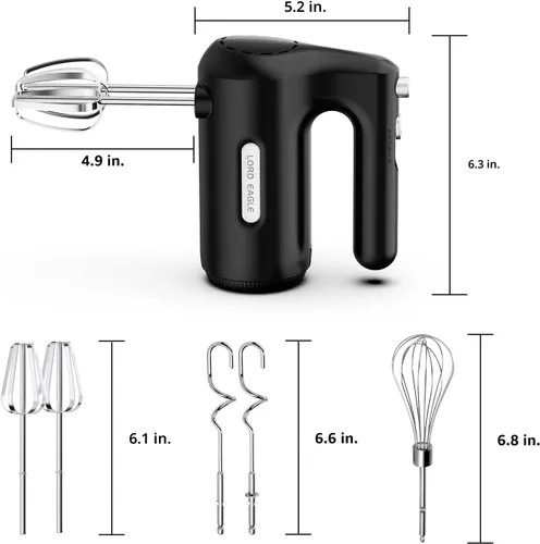Vista 3 de Lord Eagle - Batidora de mano eléctrica de 5 velocidades, batidora de mano compacta de 300 W, batidora de huevos portátil de cocina con 5 accesorios