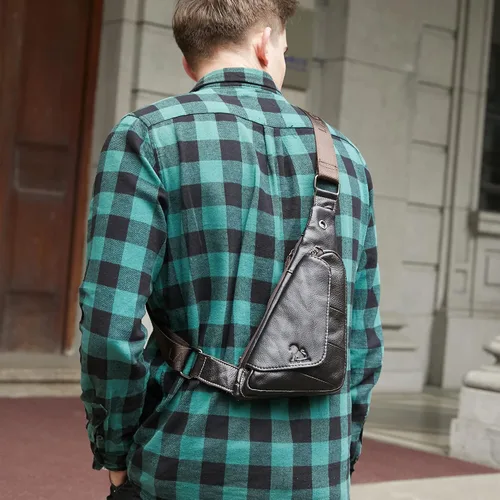 Vista 7 de pundarika Bolso bandolera de cuero genuino para hombres y mujeres, mochila cruzada casual, bolsa de hombro pequeña, bolsa de pecho