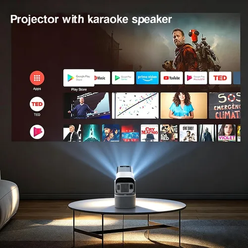 Vista 3 de Proyector portátil KTV JY320, mini proyector compatible con 4K con 2 micrófonos inalámbricos, WiFi6, Bluetooth, giratorio de 180°, proyector de cine