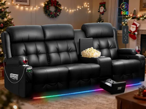 Vista 12 de Sofá reclinable de dos plazas para cine en casa, sofá reclinable de pared con USB, portavasos, sillón reclinable de tela de guijarros, sofá cama