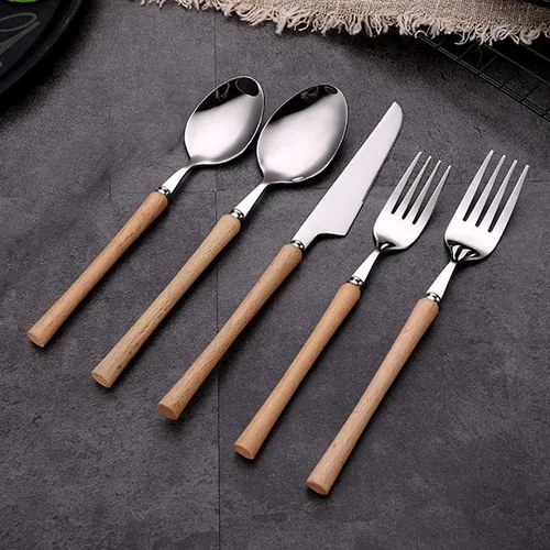 Vista 2 de Juego de cubiertos de madera para 4 cubiertos modernos de acero inoxidable, juego de 20 cuchillos, tenedores, cucharas, vajilla para el hogar