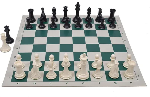 Vista 2 de Wholesale Chess Piezas cuádruples de ajedrez ponderadas y tablero de vinilo - Piezas marfil/negras - Tablero verde