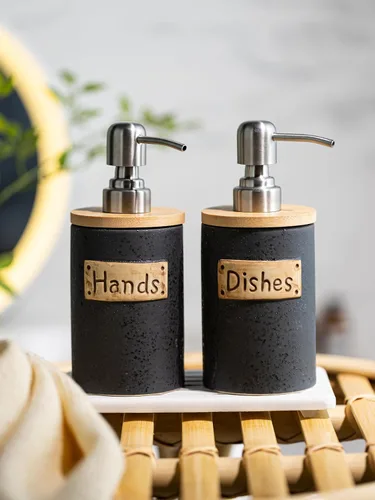Vista 2 de Juego de dispensador de jabón de cocina, dispensador de jabón de manos y platos de cerámica para baño, incluye bandeja de secado instantáneo, embudo