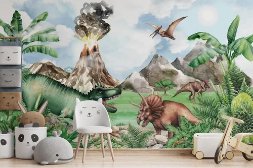 Vista 4 de Murwall Kids Dinosaur Wallpaper Cute Jurassic World Wall Mural