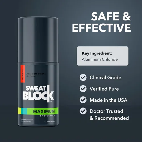 Vista 5 de SweatBlock Sistema antitranspirante y desodorante de fuerza clínica para hombres y mujeres, roll-on de 1.2 onzas líquidas para control del sudor más
