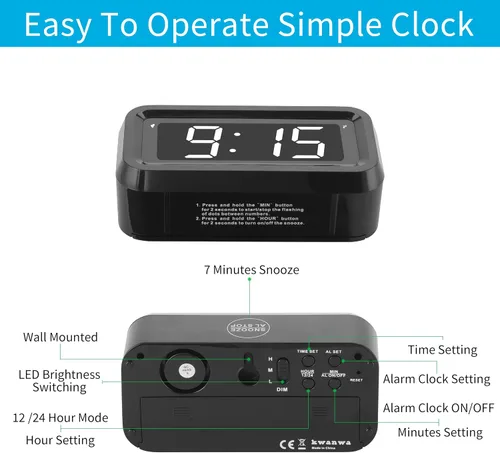 Vista 6 de KWANWA Reloj despertador para niños, LED blanco, batería, modo nocturno automático, 12 horas/24 horas, pequeño, viajes, mesita de noche, montaje