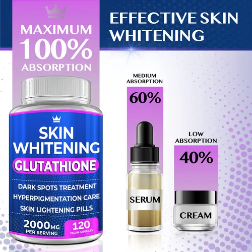 Vista 3 de Píldoras blanqueadoras de glutatión – 120 cápsulas de 2000 mg de glutatión – Suplemento eficaz para aclarar la piel – manchas oscuras, melasma