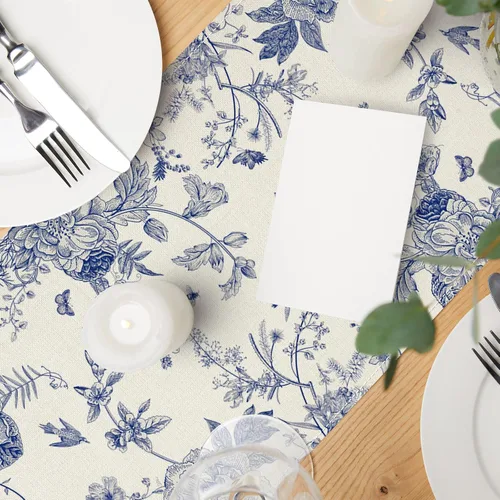 Vista 5 de AnyDesign Camino de mesa azul y blanco de 13 x 72 pulgadas, monocromático, pájaros, flores, cubierta de mesa retro floral para cocina, mesas