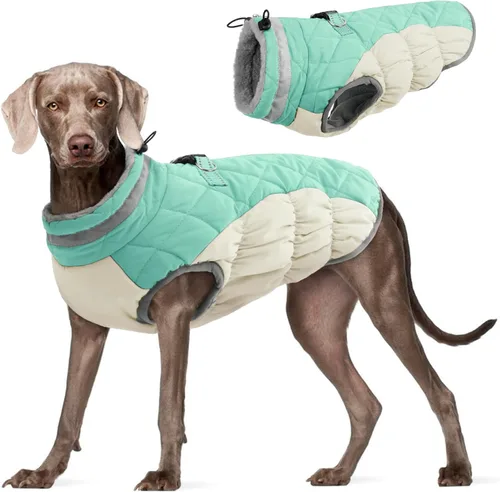 Vista 19 de Abrigo para perro, chaqueta cálida de invierno, acolchada, de vellón, chaleco reflectante con arnés, chaqueta de nieve impermeable con cremallera, a