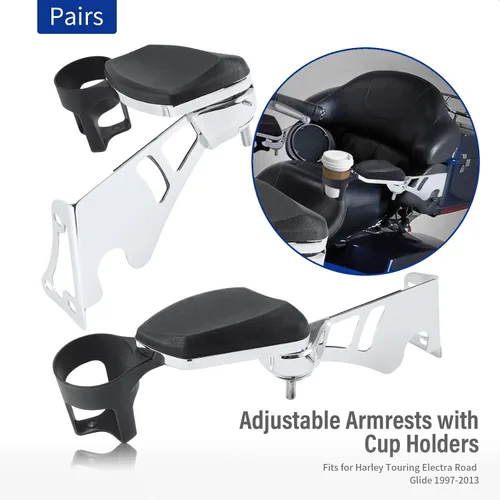 Vista 6 de Apoyabrazos de pasajero, con portavasos reposabrazos ajustables para Harley Touring Electra Road Glide 1997-2013