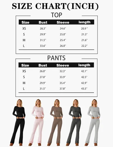 Vista 7 de Livtany Conjuntos de yoga para mujer, cuello redondo, manga larga, camiseta corta y pantalones acampanados de tiro bajo, conjunto de dos piezas