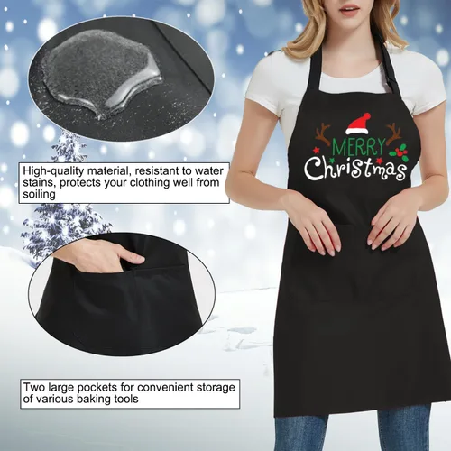 Vista 5 de Divertido delantal de Navidad para mujeres y hombres con 2 bolsillos, delantales de cocina de Navidad, regalo para panaderos, mamá, papá, esposa