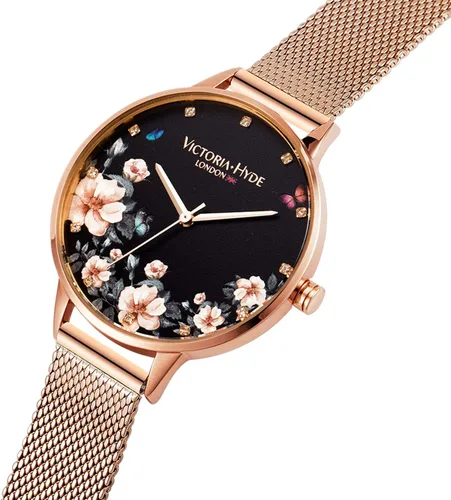 Vista 2 de VICTORIA HYDE Relojes de cuarzo para mujer, esfera floral con correa de malla de acero inoxidable, correa de cuero auténtico, impermeable, reloj