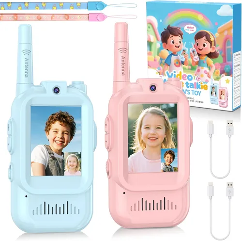 Vista 9 de Walkie Talkie de video para niños, paquete de 2 walkie talkie recargables con cámara de pantalla, chat Facetime de largo alcance, juguetes