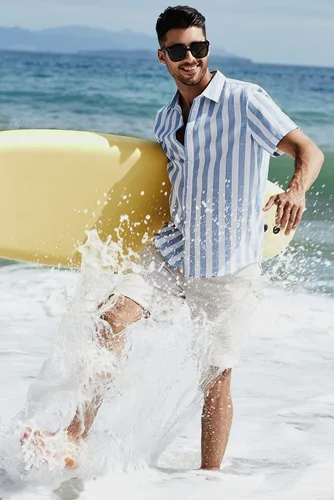 Vista 13 de JMIERR Camisas de vestir a rayas con botones y manga corta para hombre