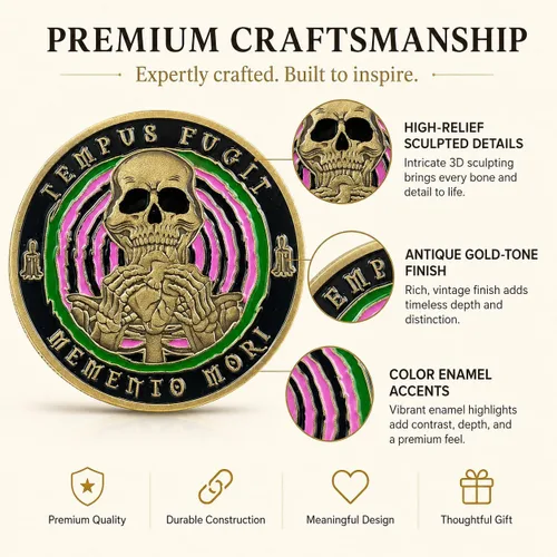 Vista 3 de Imasoner Memento Mori Coin Stoic Coin EDC Challenge Coin Stoicism Regalos para recordatorio Features Memento Vivere & Tempus Fugit, Inspirational