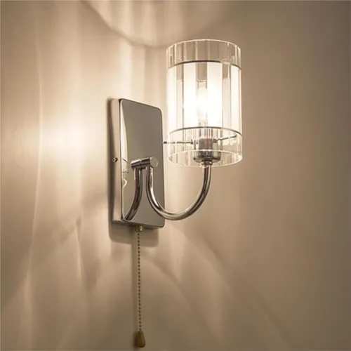 Vista 6 de Aplique de pared LED con interruptor de cadena de cristal transparente, cromado, lámpara cilíndrica moderna de mediados de siglo, lámpara cableada