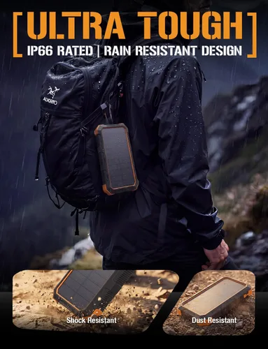 Vista 5 de ToughTested Cargador portátil de banco de energía solar de 24000 mAh, batería externa de carga rápida con linterna LED, IP66 impermeable, a prueba
