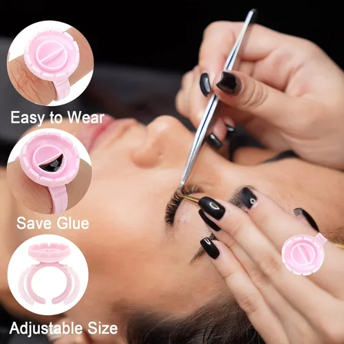 Vista 6 de 300 anillos de pegamento para pestañas, anillos de pegamento inteligentes para extensiones de pestañas, anillos desechables para suministros de Rosa