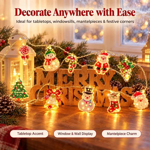 Vista 7 de Guirnalda de 10 luces LED para decoración de árbol de Navidad, Papá Noel, bastón de caramelo, muñeco de nieve, funciona con pilas, para dormitorio