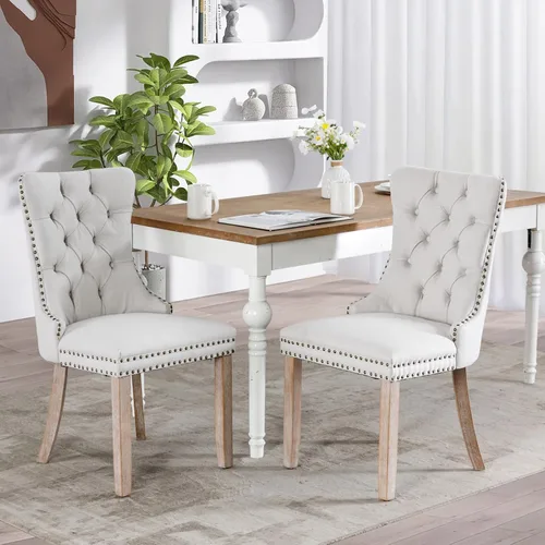 Vista 34 de SoarFlash Juego de 2 sillas de comedor de terciopelo, silla lateral de respaldo alto, silla lateral moderna tapizada de alta gama con botones Beige