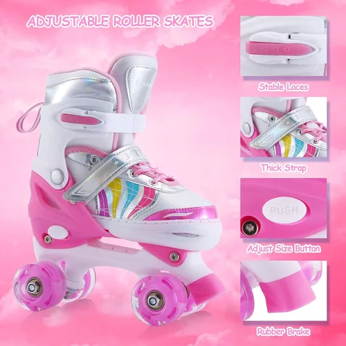 Vista 3 de Patines ajustables para niños y niñas, niños pequeños, jóvenes, color rosa, 4 tamaños, ajustables, para niños y niñas, para tallas 11J hasta