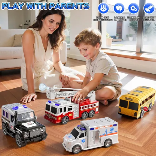 Vista 2 de Juguetes de vehículo de emergencia, 4 en 1, juego de autos de juguete para niños pequeños