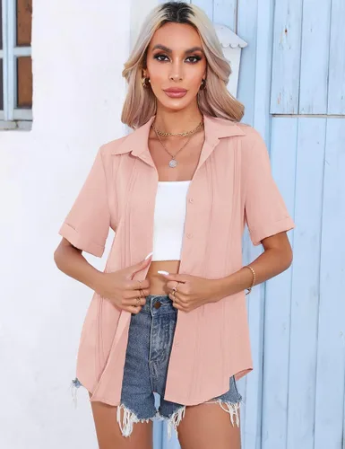 Vista 3 de VVK Camisas de lino y algodón de manga corta para mujer, estilo casual, cuello en V, plisadas, blusas casuales
