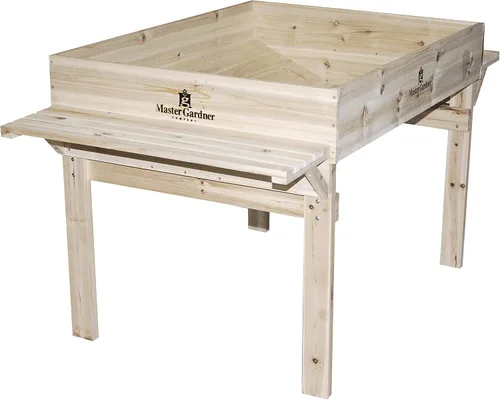 Vista 4 de Master Gardner - Cama de jardín elevada, resistente de 48 x 36 pulgadas, maceta elevada con estante de almacenamiento y marco de madera duradero