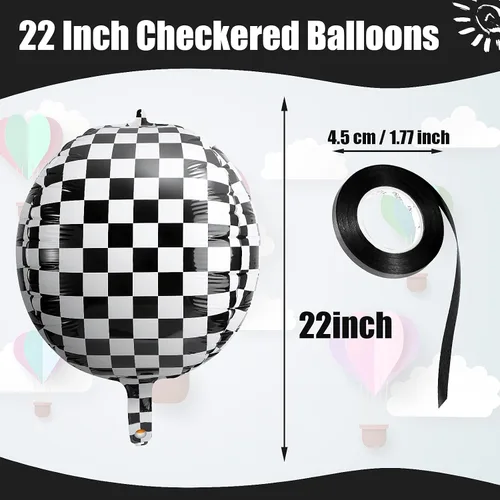 Vista 2 de 14 globos de aluminio a cuadros de 22 pulgadas, globos de tablero de ajedrez blanco y negro, globos de cumpleaños con cinta negra para decoración