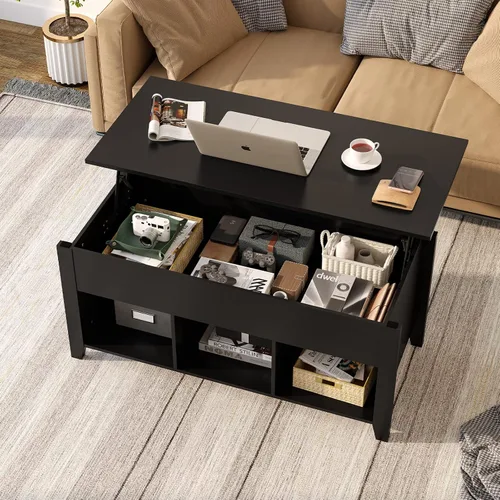 Vista 4 de NAFORT Mesa de centro de madera con compartimentos ocultos y estantes de almacenamiento, mesa central moderna para sala de estar, recepción, oficina