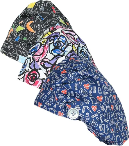 Vista 2 de DREYOLIFE Juego de 3 gorros estilo bouffant de algodón, con banda para el sudor