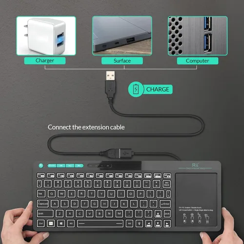 Vista 6 de Rii RT518S - Teclado multifuncional inalámbrico y Bluetooth con retroiluminación de 2 LED de color, modo dual, trackpad multitáctil de gran