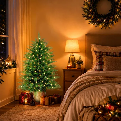 Vista 2 de Árbol de Navidad de cedro artificial preiluminado de 3 pies con luces enchufables, árbol de Navidad en maceta de cedro sintético en cesta decorativa