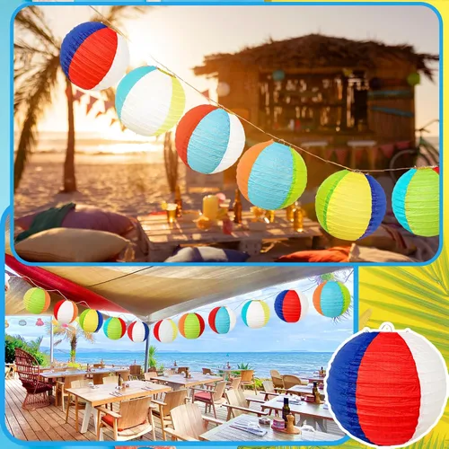 Vista 4 de Paquete de 12 linternas de papel de bola de playa de 8 pulgadas, decoraciones de aula de verano y decoración colgante de fiesta en la piscina, Luau