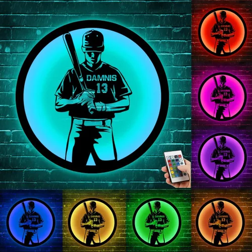 Vista 19 de Arte de Pared de Metal Personalizado de Béisbol con Bandera de EE.UU. con Luz LED, Letrero Personalizado con Nombre de Jugador de Sóftbol Americano